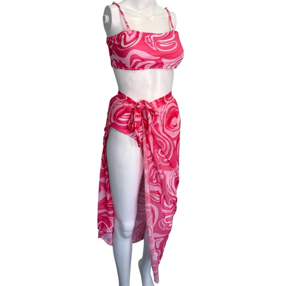 3pc Pink Swirl Bikini Set Sarong Cover-Up Size Large Y2K Barbiecore Beach